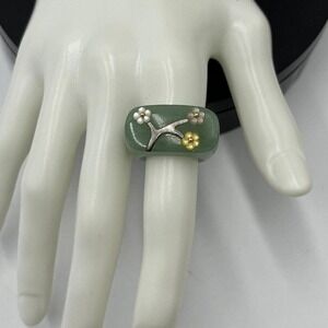 Jade Natural Icy Green Jadeite and MOP Flower Saddle Beautiful 14k Ring Sz 7.5-8